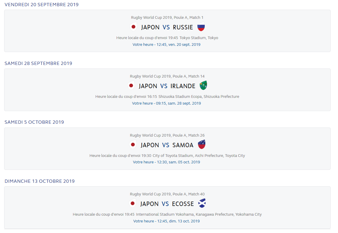 calendrier des matchs du japon - coupe du monde de rugby 2019